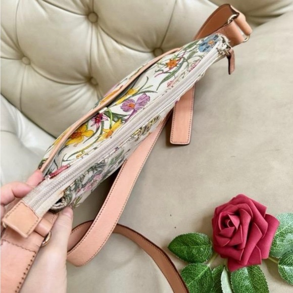 GUCCI FLORA Canvas Calfskin Medium Flat Messenger Bag Crossbody Shoulder Handbag - Picture 7 of 15